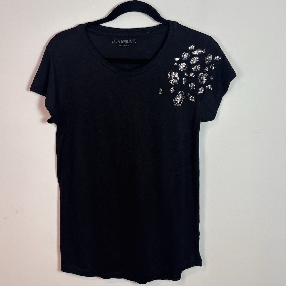 Zadig & Voltaire Womens Skinny Leo Strass Black Beaded Short Sleeve Tee Small